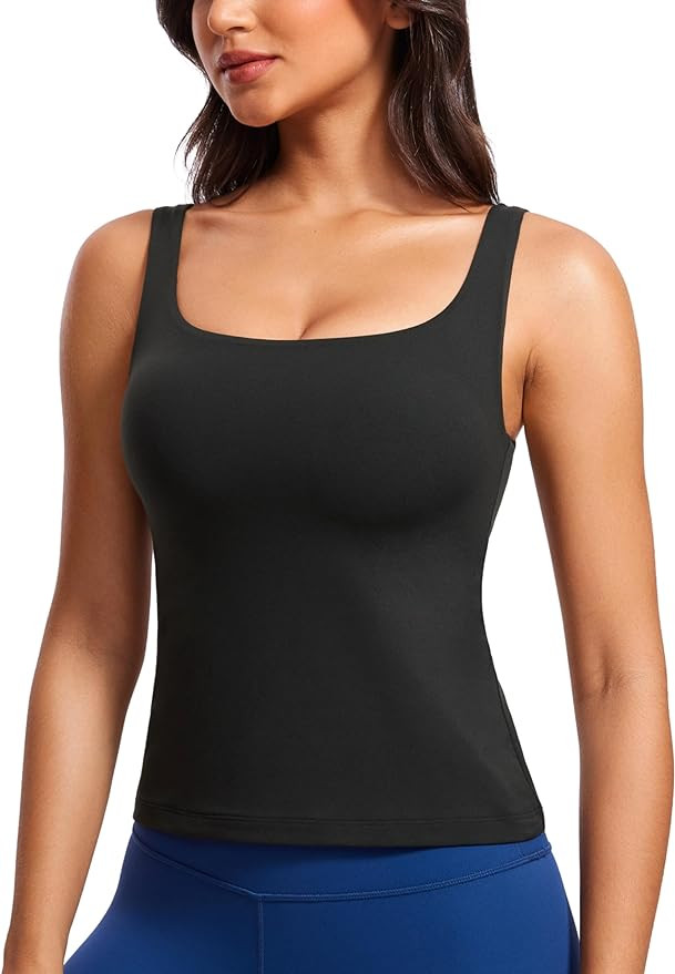 CRZ YOGA Butterluxe U Neck Tank Tops for Women - Padded Athletic Workout Camisole Crop Tops with ... | Amazon (US)
