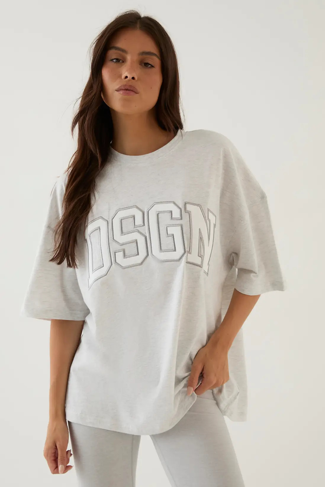 Ash Grey DSGN Studio Collegiate Applique Oversized T-Shirt | Boohoo | Boohoo.com (UK & IE)
