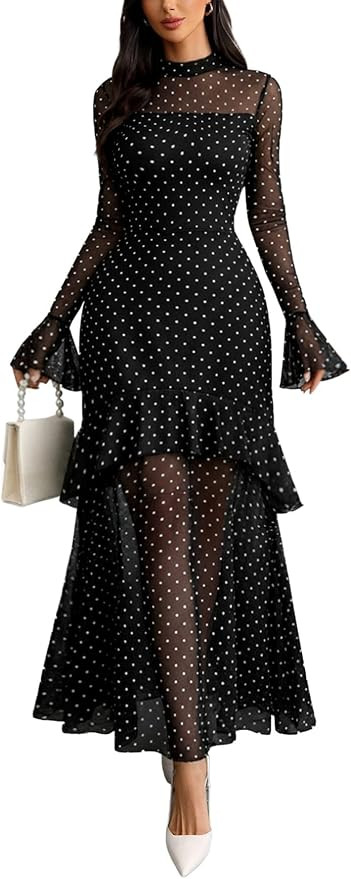 GothDark Women's Long Sleeve Bodycon Dress Black Sheer Mesh Round Neck Gothic Evening Gown Maxi W... | Amazon (UK)