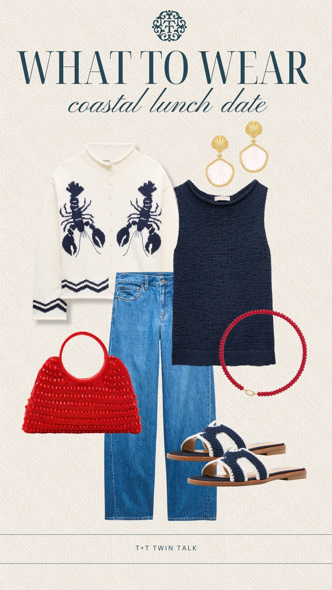 T+T, what to wear! We styled this navy knit top and jeans with the lobster cardigan for such a fun coastal lunch date look. The red bag, beaded necklace, shell earrings, and striped slides bring in the perfect mix of color and texture for a casual day by the water.

#LTKootd #LTKgrwm #LTKdayinmylife
