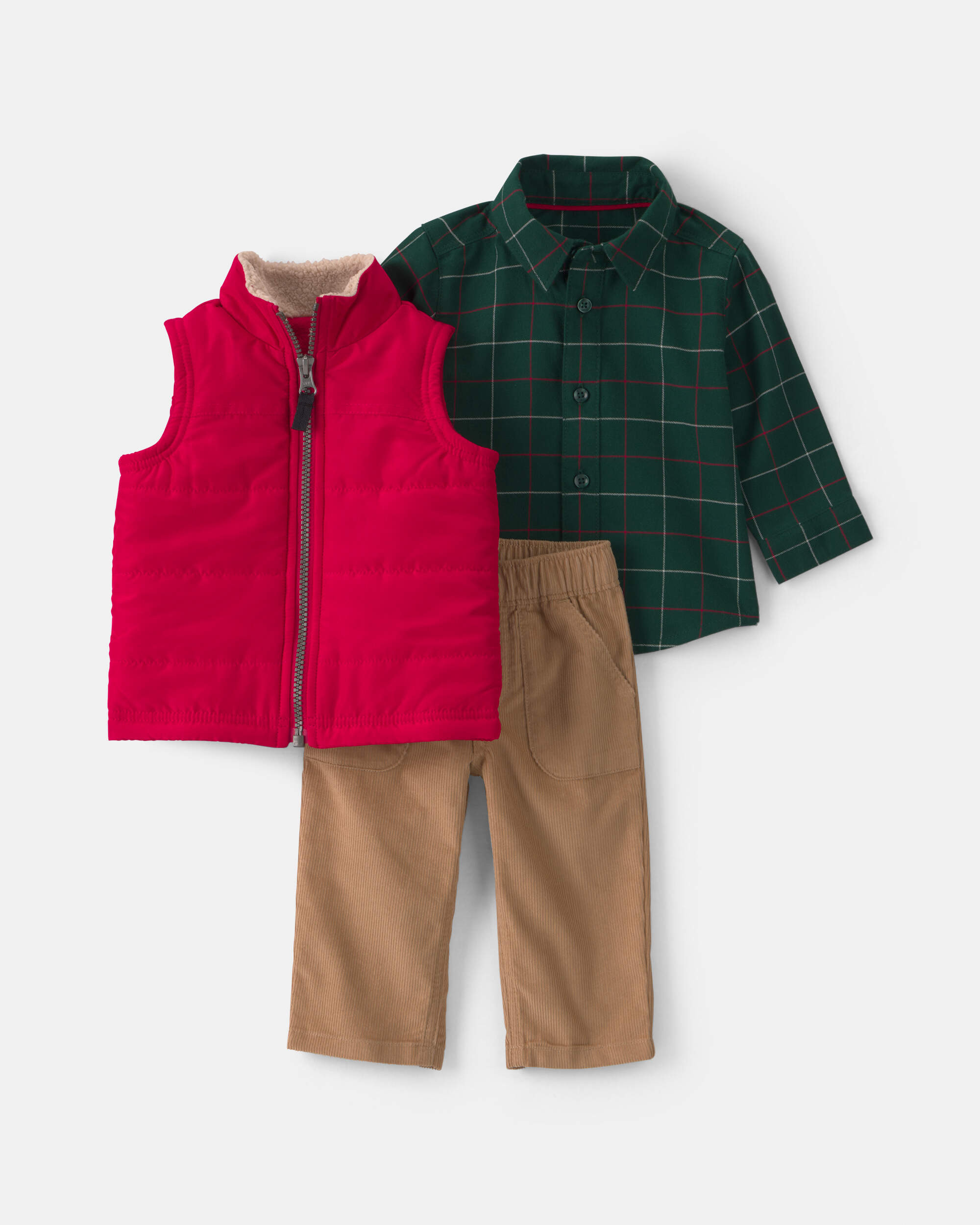 Baby Boy 3-Piece Plaid Twill Long-Sleeve Layering Set - Red/Green/Khaki | Carter's Canada