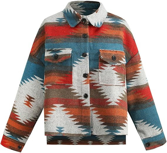 COWOKA Women's Vintage Aztec Print Pattern Loose Shacket Button Down Long Sleeve Woolen Jacket Sh... | Amazon (US)