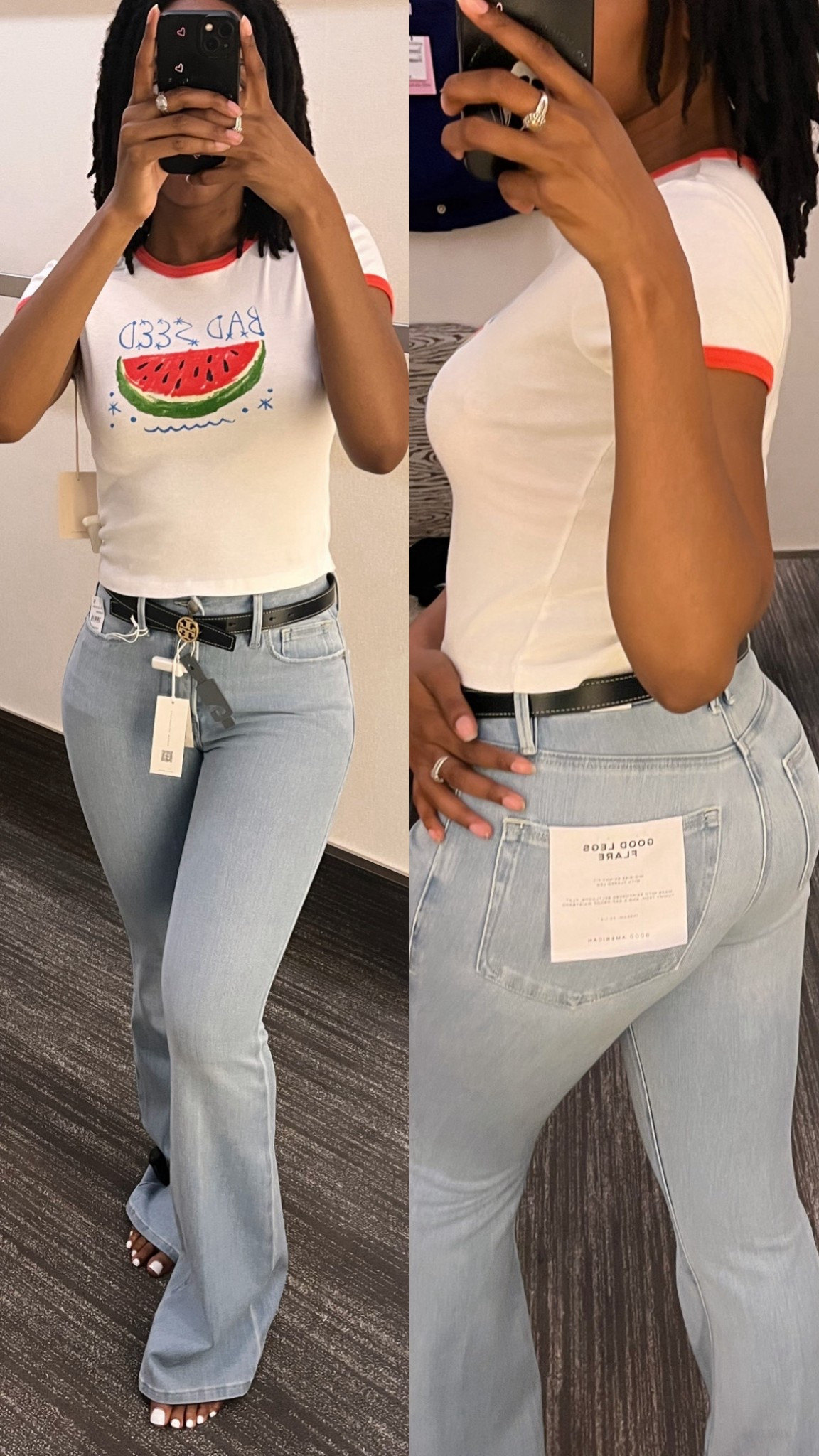 Everyday casual outfit / baby tee / t shirt and light blue jeans / good American jeans / mother / Tory Burch black belt / flare jeans 

#LTKPetite #LTKMidsize #LTKStyleTip