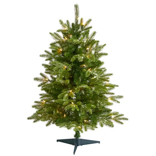 NEARLY NATURAL 3-ft Snowed Grand Teton Fir Artificial Christmas Tree with 50 Clear Lights and 111 Bendable Branches in Green at Nordstrom | Nordstrom