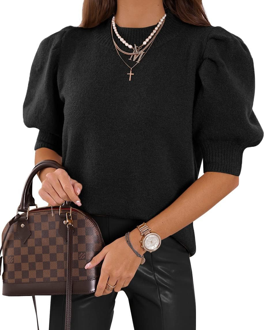 Women's Puff Short Sleeve Sweater Tops 2025 Summer Fall Trendy Knit Crew Neck Casual T Shirts Blouses | Amazon (US)
