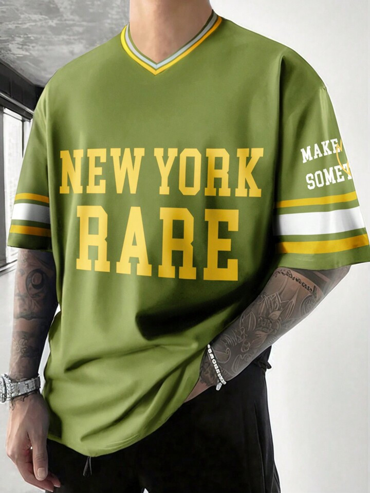 Manfinity Sporsity Men's Summer Letter Printed V-Neck Short Sleeve Casual Jersey MenT-Shirt | SHEIN