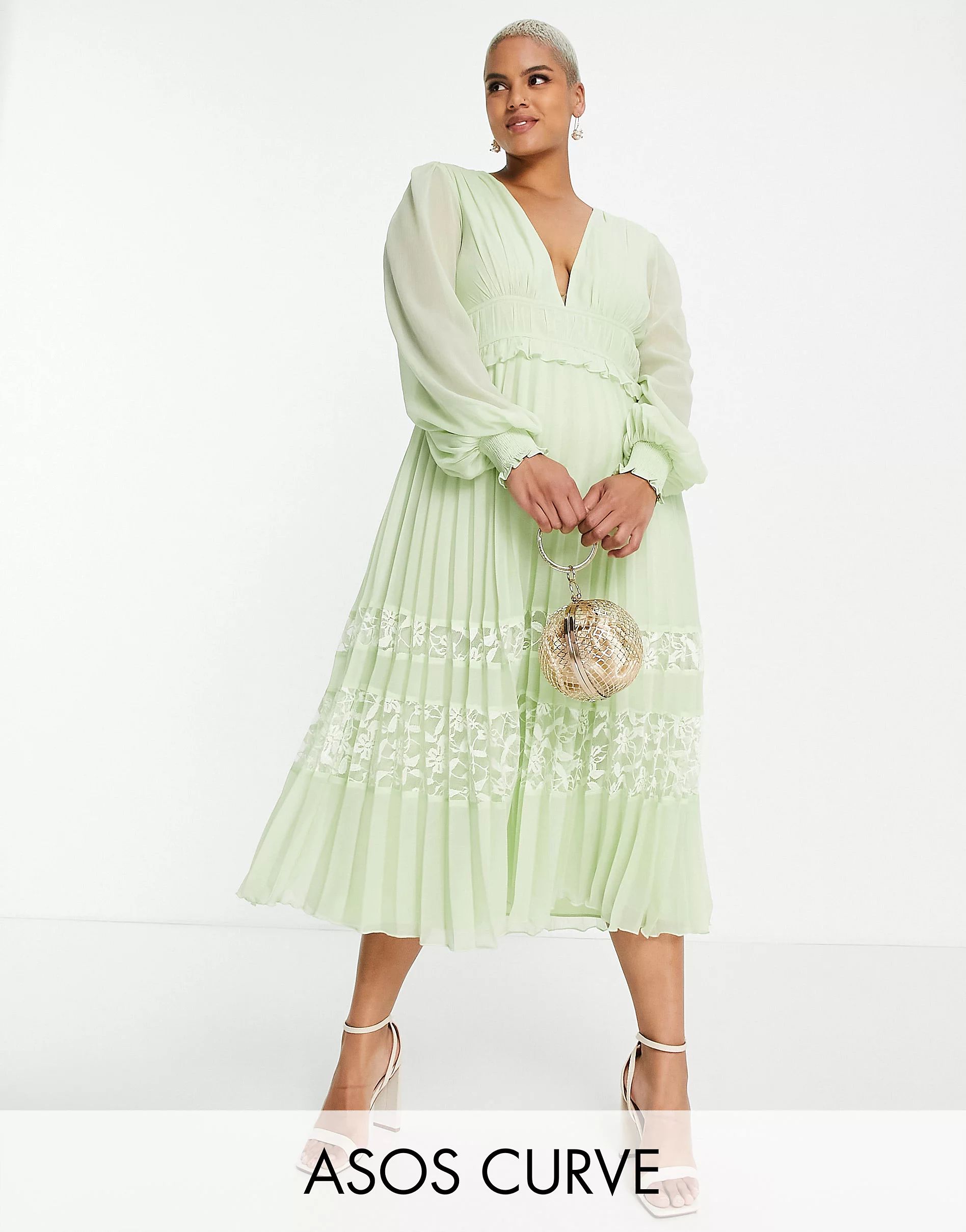 ASOS DESIGN Curve Exclusive plunge pleated midi dress with lace insert hem in seafoam green | ASOS (Global)