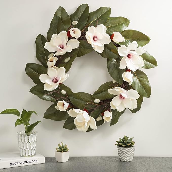 Glitzhome 24" D Artificial Magnolia Wreath, Spring Hanging Wreath for Front Door Wall Windows Dec... | Amazon (US)