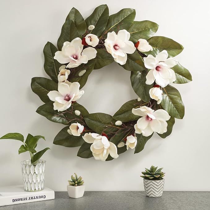 Glitzhome 24" D Artificial Magnolia Wreath, Spring Hanging Wreath for Front Door Wall Windows Dec... | Amazon (US)