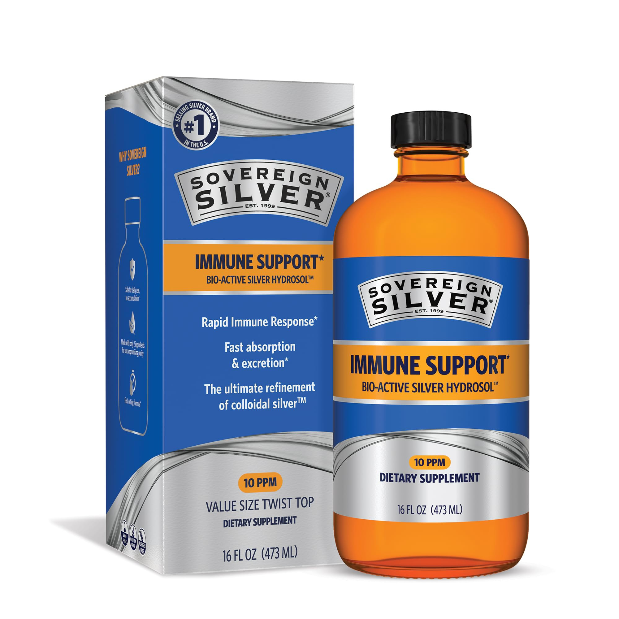 Sovereign Silver Immune Support - Colloidal Silver, Bio-Active Silver Hydrosol, 10 ppm, Liquid Tw... | Amazon (US)
