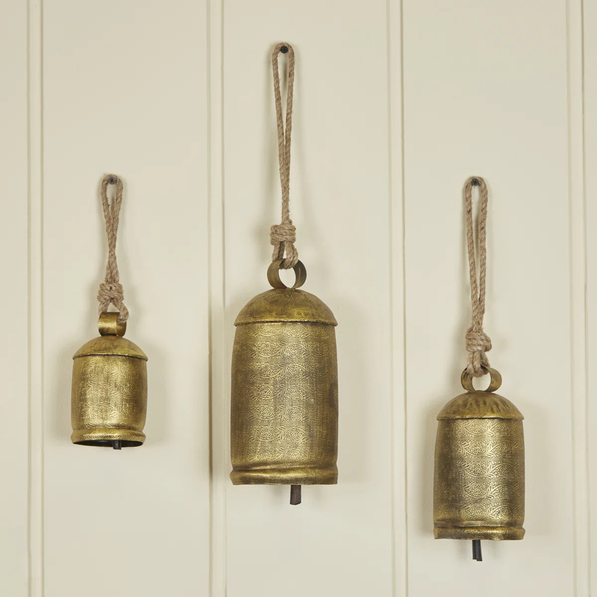 Kaskaskia Metal Tibetan Inspired Indoor Outdoor Decorative Cow Bells with Jute Hanging Rope Set | Wayfair North America