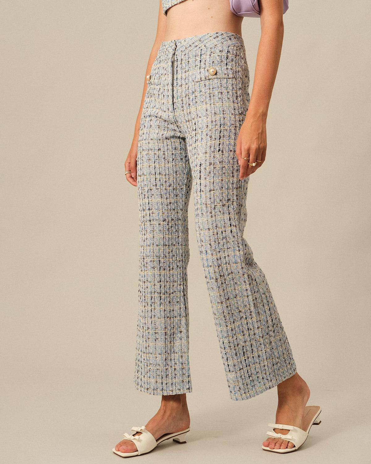 The Plaid Tweed Flare Pants & Reviews - Light Blue - Bottoms | RIHOAS | rihoas.com