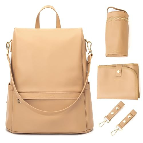 MIA + SOPHIA Leather Diaper Bag Backpack with USB Charging port, Changing Pad, Stroller Straps, and Bottle Holder (Brown Mia) | Amazon (US)