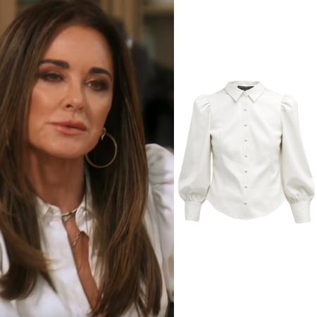Kyle Richards’ White Leather Puff Sleeve Top + Pants