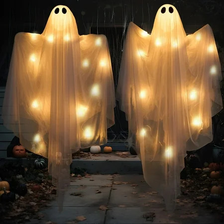 Joyfy 2 Pcs Hanging Ghosts Halloween Decorations Outdoor,47.2" Light up White Ghosts with Spooky Warm LED Light,Halloween Outdoor Yard Porch Decorations,Haunted House Decorations | Walmart (US)