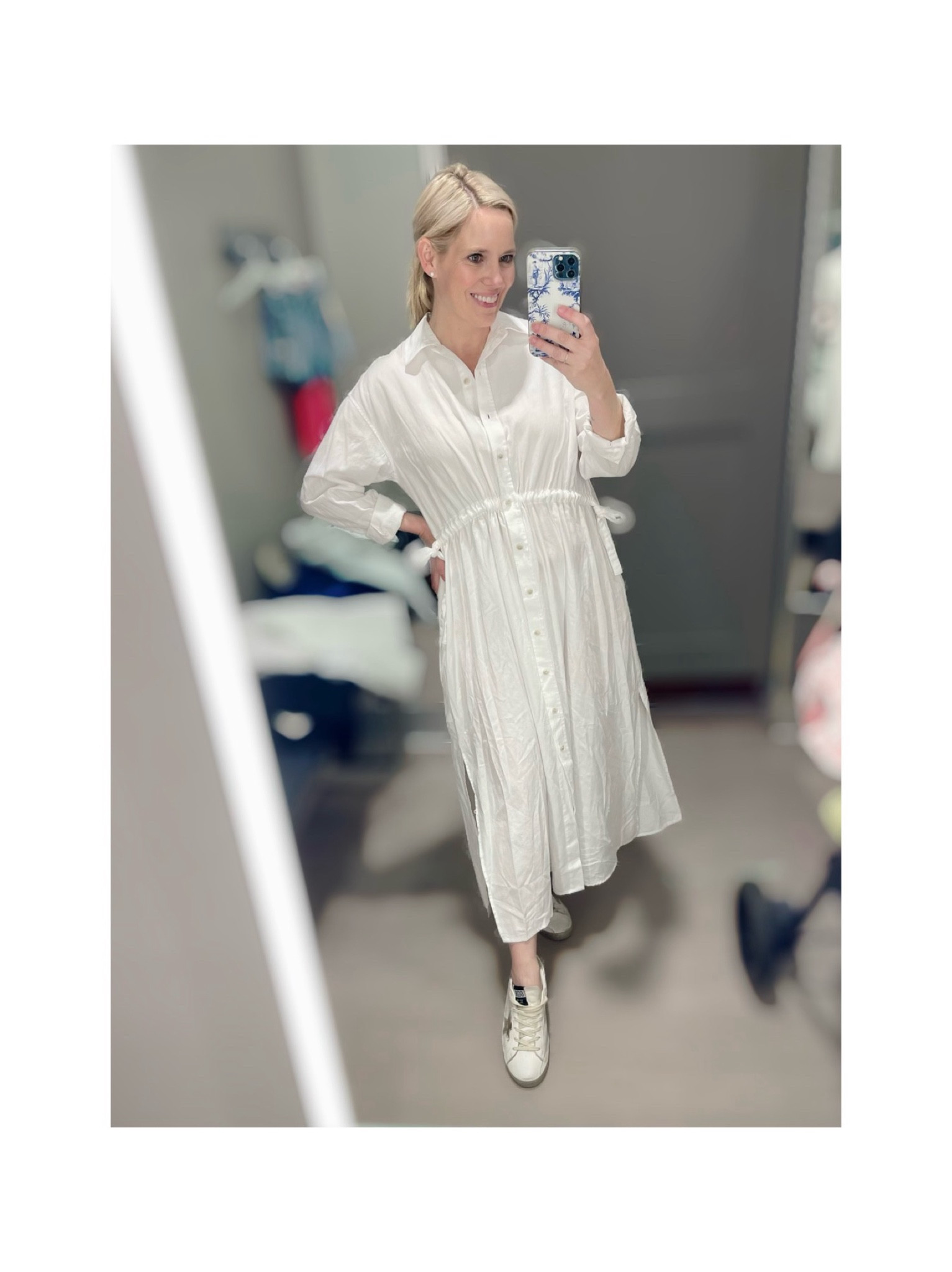 White cinched waist midi dress 

#LTKOver40 #LTKFindsUnder50 #LTKFindsUnder100