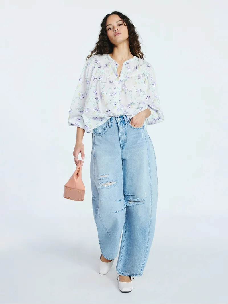 Scoop Women's Flowy Cotton Blouse with Long Sleeves, Sizes XS-XXL | Walmart (US)