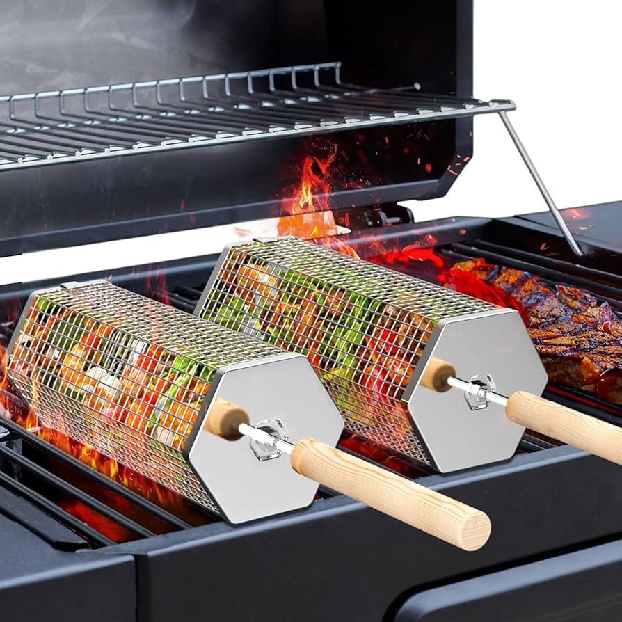 ivtivfu Rolling Grill Basket, Removable Wooden Handle, 304 Stainless Steel, Nesting Grilling Tool... | Amazon (US)