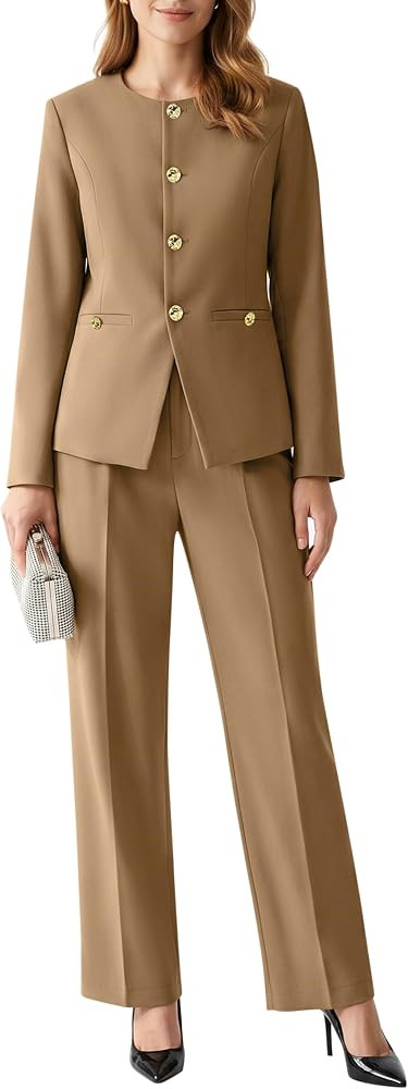 Womens Suits 2 Piece Business Casual Crew Neck Button Down Blazer Pantsuits | Amazon (US)