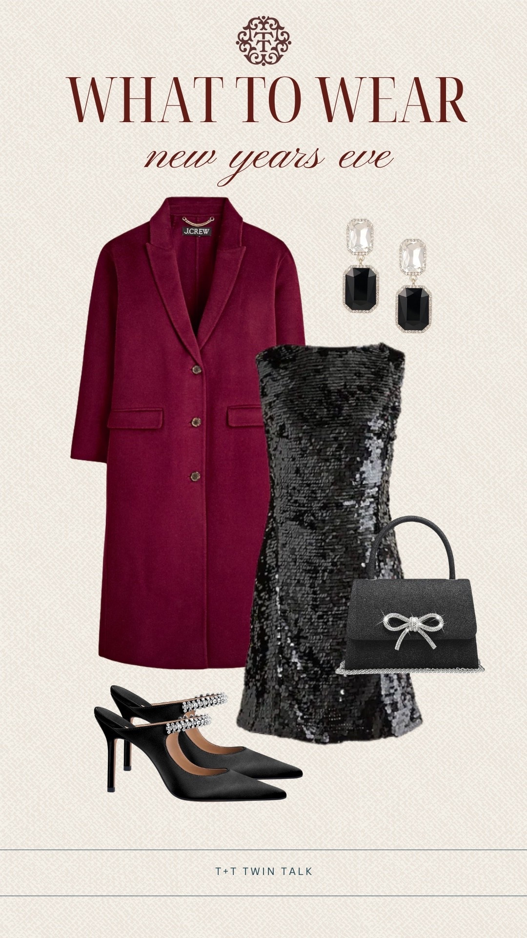 T+T, what to wear for New Year’s Eve! We love this sparkly black dress from J.Crew paired with a maroon coat to stay warm. We would add heels, a little purse, and sparkly earrings to complete the look. 

#LTKSeasonal #LTKMidsize #LTKOver40