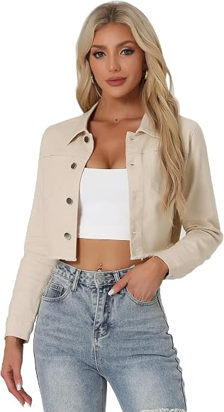 Allegra K Women's Jean Jacket Frayed Button Up Washed Cropped Denim Jacket | Amazon (US)