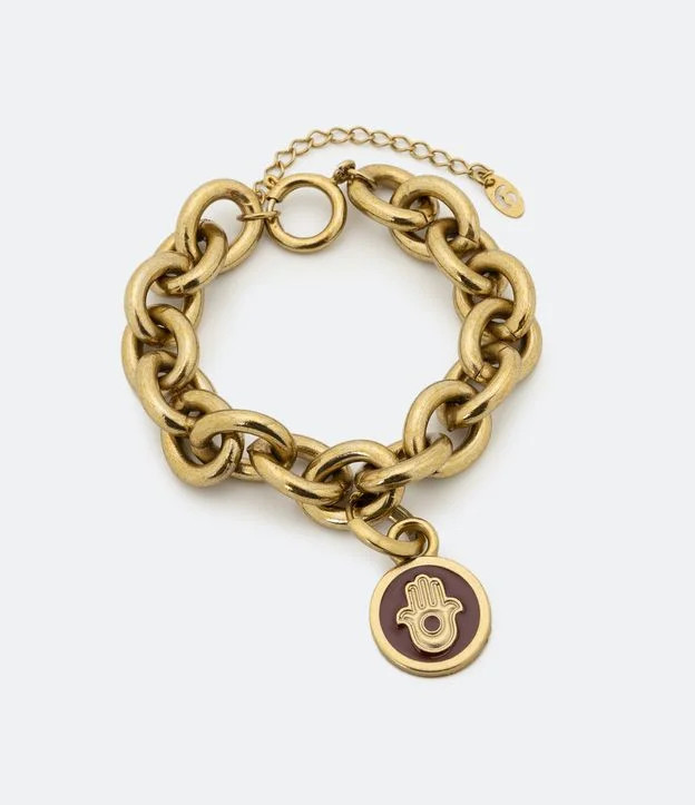 Pulseira em Metal com Elos Redondos Vintage e Pingente Medalha Mão de Fátima Dourado | Renner (BR)