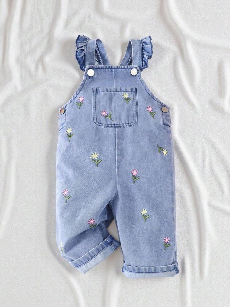 SHEIN Vintaside Kids 1pc Baby Girl Cute Embroidered Floral Denim Jumpsuit, Casual For Outing Or Party | SHEIN