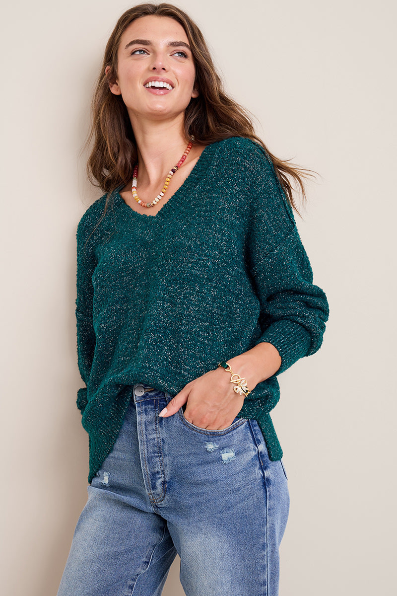 Sabrina Shimmer V Neck Sweater | Francesca's
