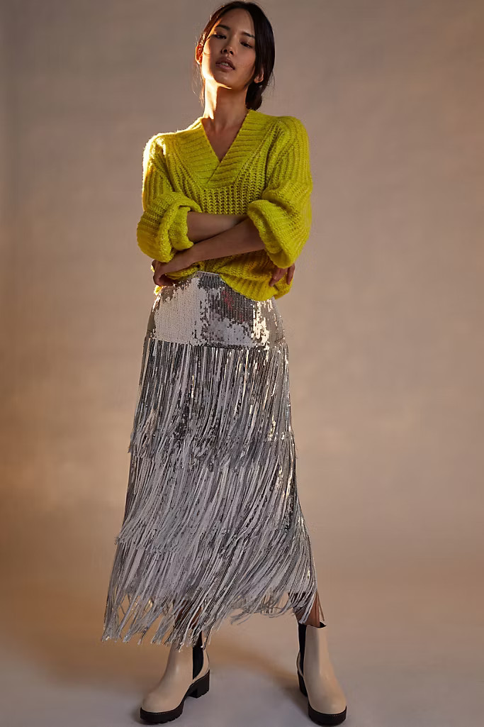 Tatiana Sequined Fringe Midi Skirt | Anthropologie (US)