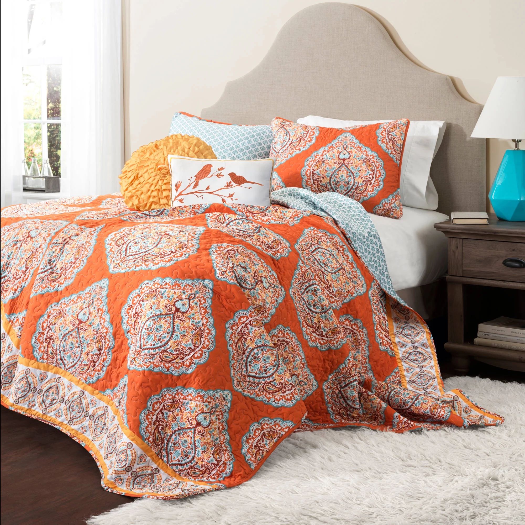 Lush Decor Harley Damask Soft Microfiber Reversible Quilt, Full/Queen, Tangerine, 5-pc set includ... | Walmart (US)