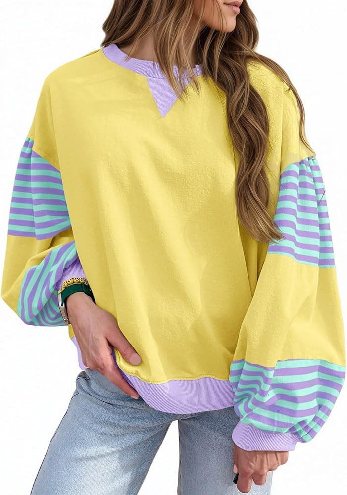 Fisoew Womens Color Block Oversized Sweatshirt Casual Lantern Long Sleeve Crewneck Striped Pullov... | Amazon (US)
