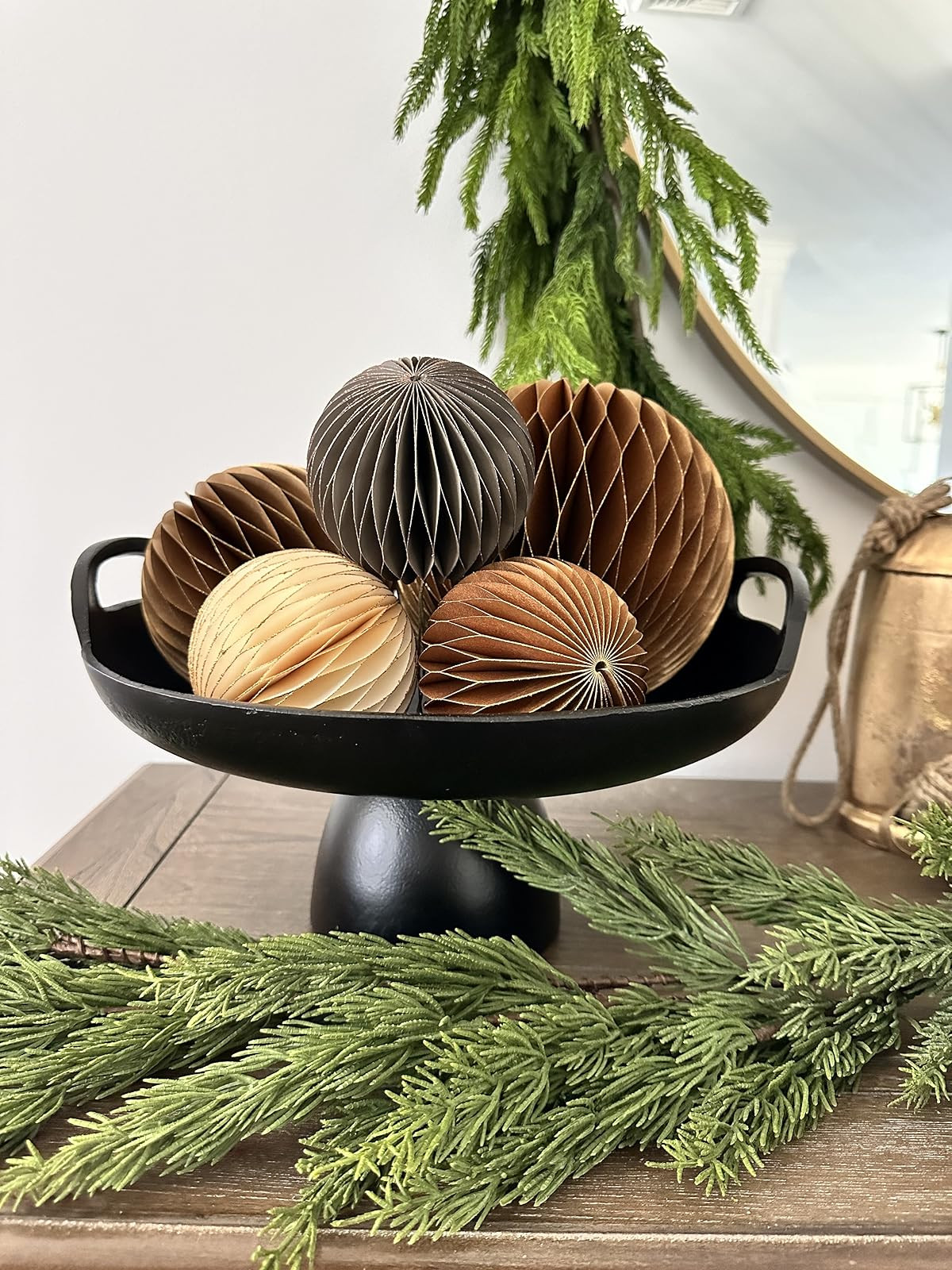 Loving these paper accordion ornaments in this beautiful pedestal bowl. The color of the ornaments are so rich and beautiful. Modern neutral holiday decor. | Amazon (US)
