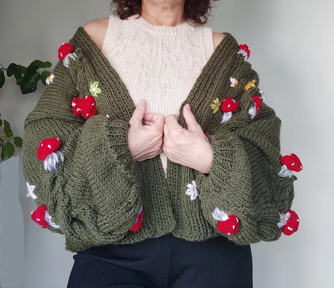 Handmade Mushroom Knit Cardigan -  Boho Cable Sweater with Floral Accents | Etsy (US)