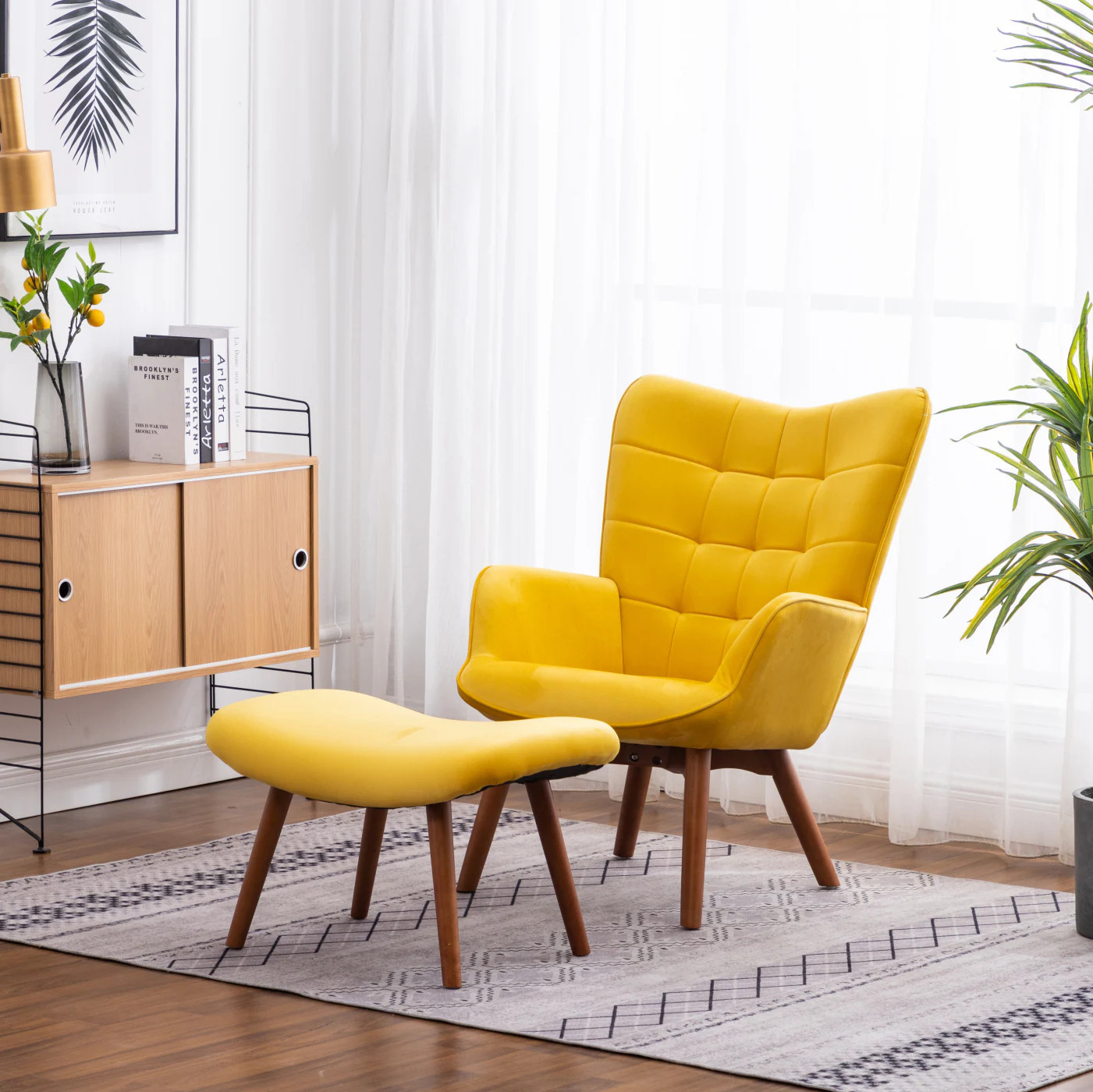 CHITA Yellow Contemporary Velvet Accent Chair and Ottoman Set with Rubberwood Frame and Button-Tufted Back plus High Wingback one_size | ACHA-73 | Lowe's
