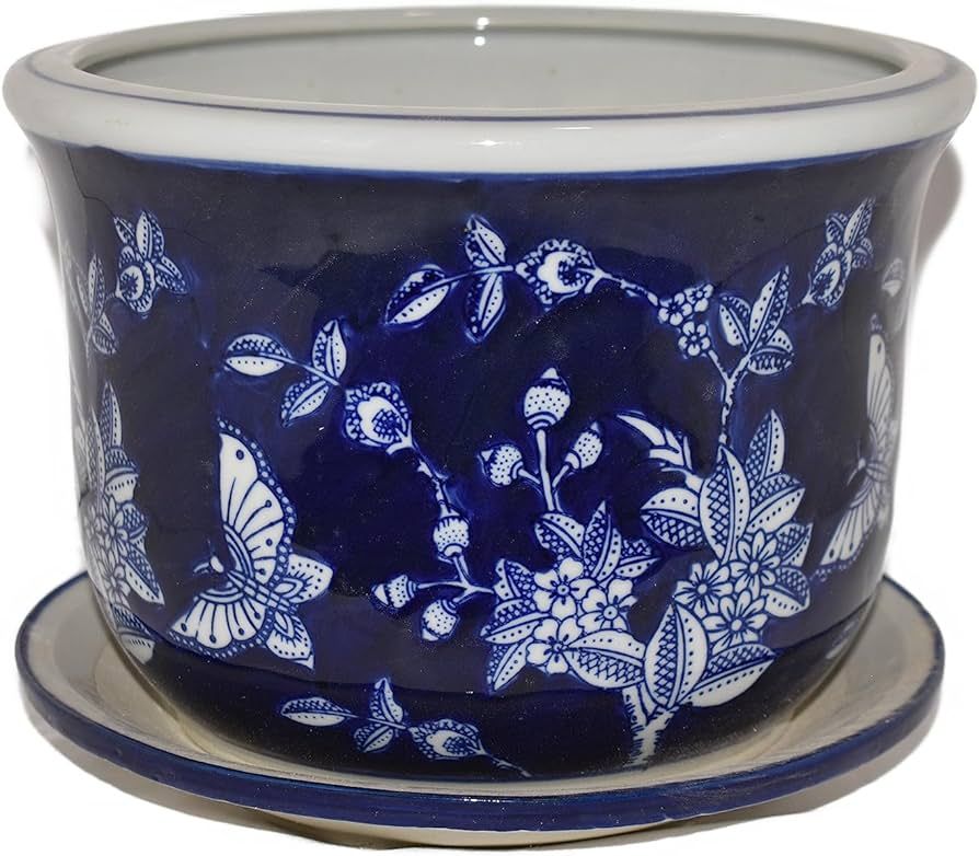 8" Beautiful Oriental Lotus Flowers & Butterflies Cobalt Blue & White Ceramic Planter Pot with Sa... | Amazon (US)
