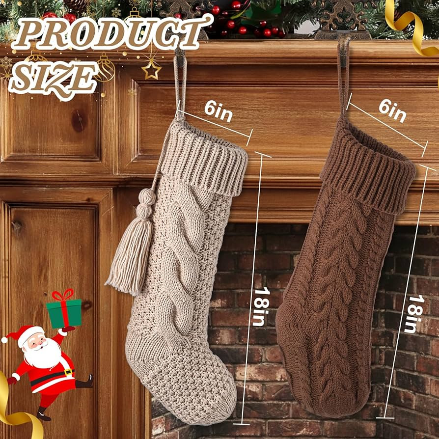 steo spce 6 Pack Vintage Christmas Stockings Brown Tan – Rustic Boho Farmhouse Cable Knit Set, ... | Amazon (US)