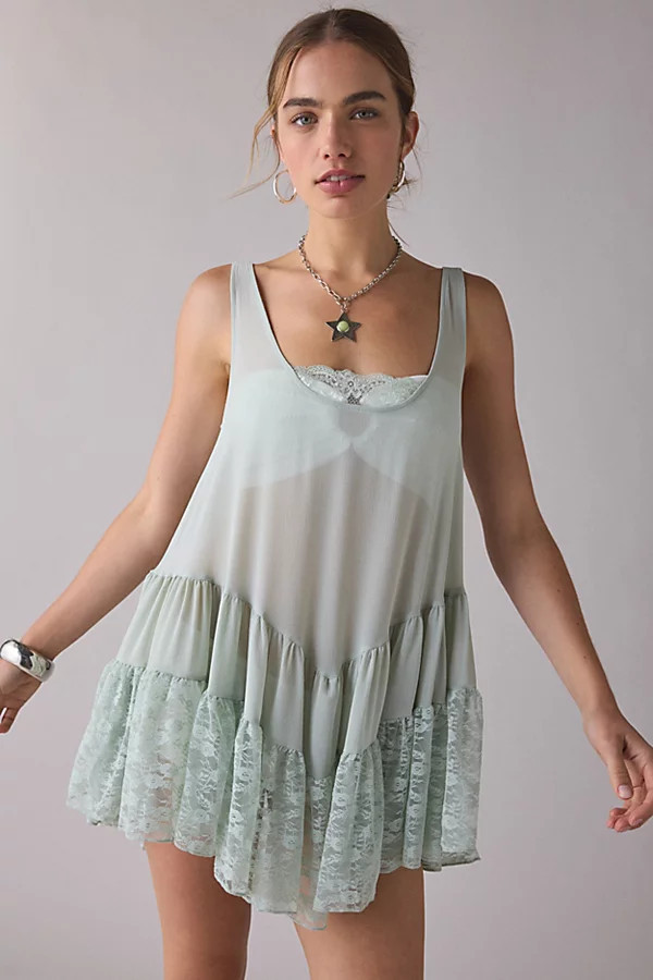 Out From Under River Ruffle Lace Trim Slip Dress in Mint, Women's at Urban Outfitters | Urban Outfitters (US and RoW)