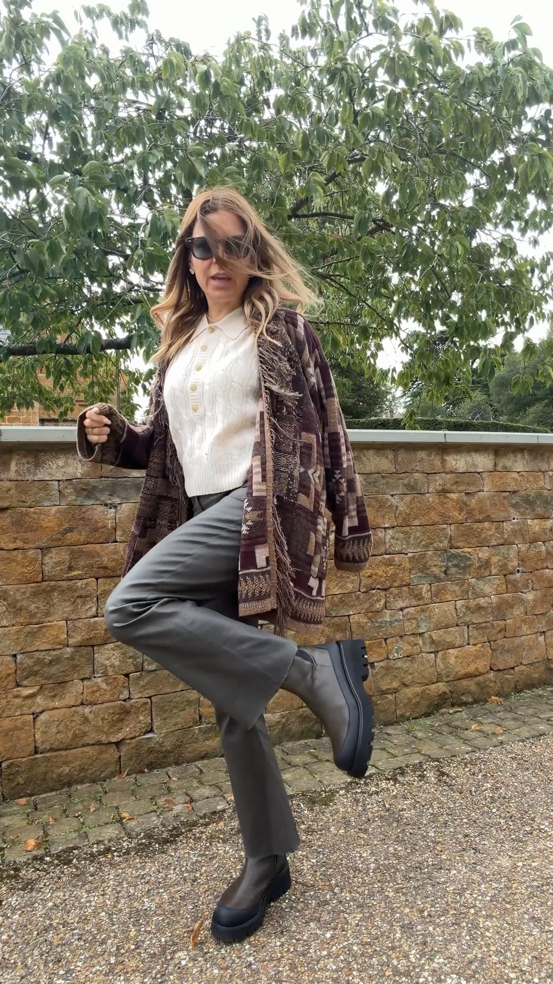 Cardigan runs super big. This is the XS. 
Pants in 25 Top in Small