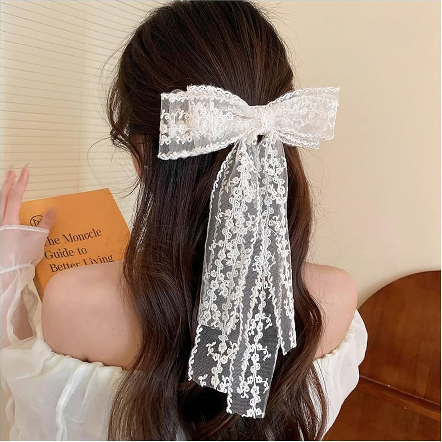 Large Lace Hair Bow Clips for Women Girls | Cute Beige Lace Bows for Hair Weighs Only 0.6 Oz | Of... | Amazon (US)