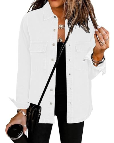 Luvamia Women's Trendy Shacket Denim Jacket - White Button Down Shirt Fall Top Casual Outfit for Women Size Large 12 14 | Amazon (US)