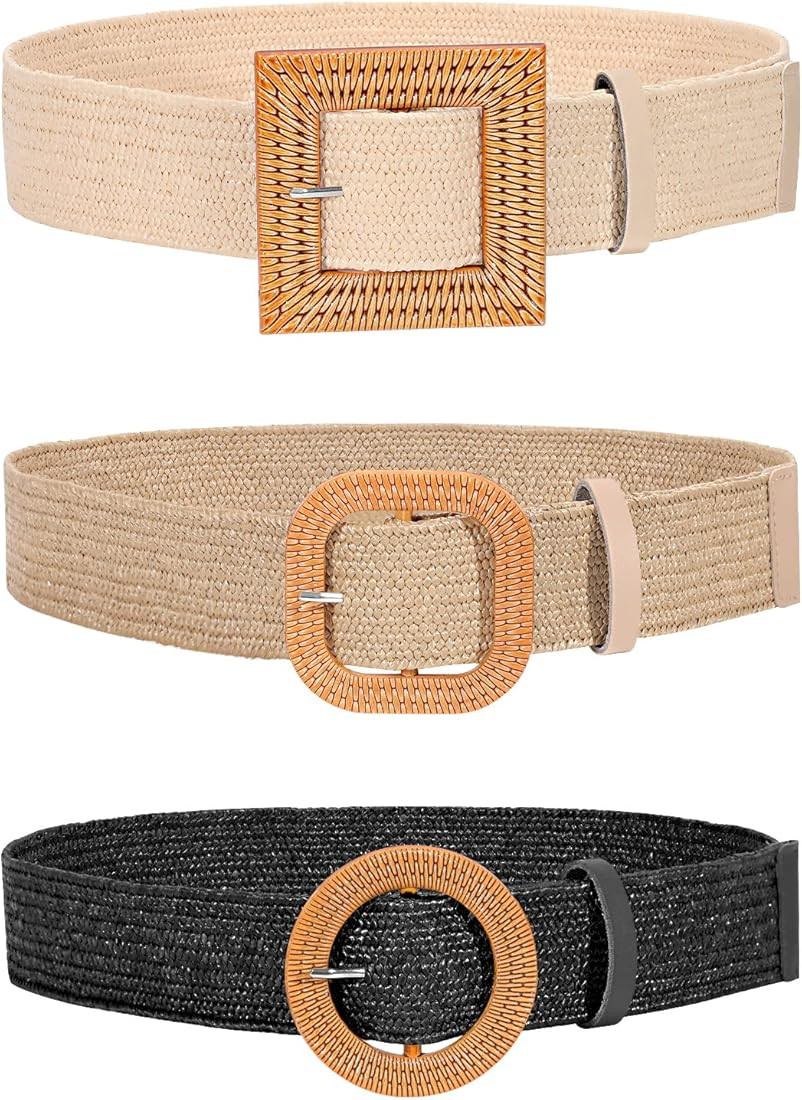 JASGOOD Straw Woven Elastic Stretch Belts Women, Wide Boho Braided Dress Belts with Wooden Style ... | Amazon (US)