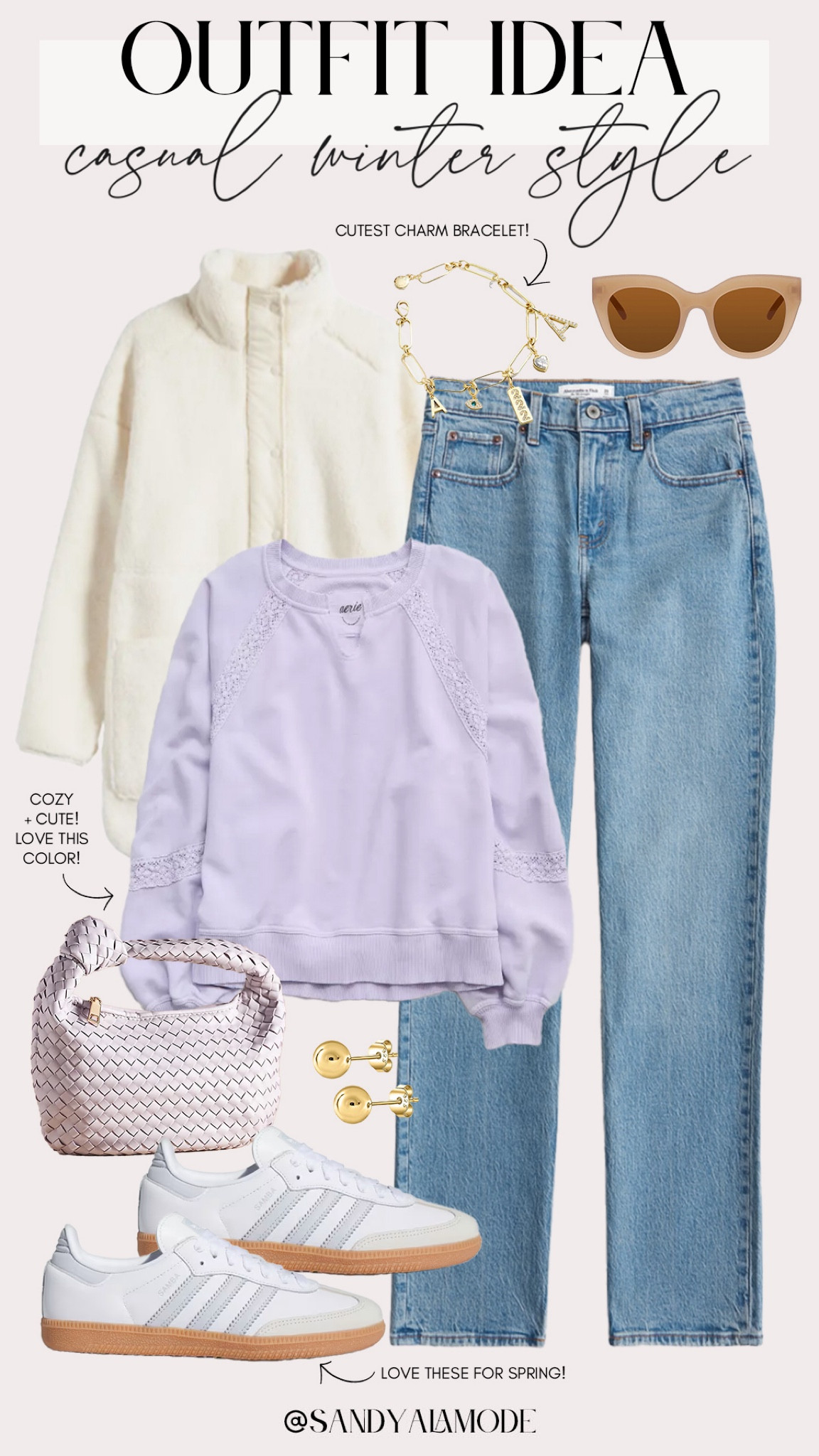 Causal winter style. Comfy cute winter outfit. Winter to spring outfit idea. Lavender lace trim sweatshirt. Quilted jacket. Springy monochromatic outfit. Lavender woven handbag. Lavender adidas samba  

#LTKStyleTip #LTKSeasonal #LTKFindsUnder100