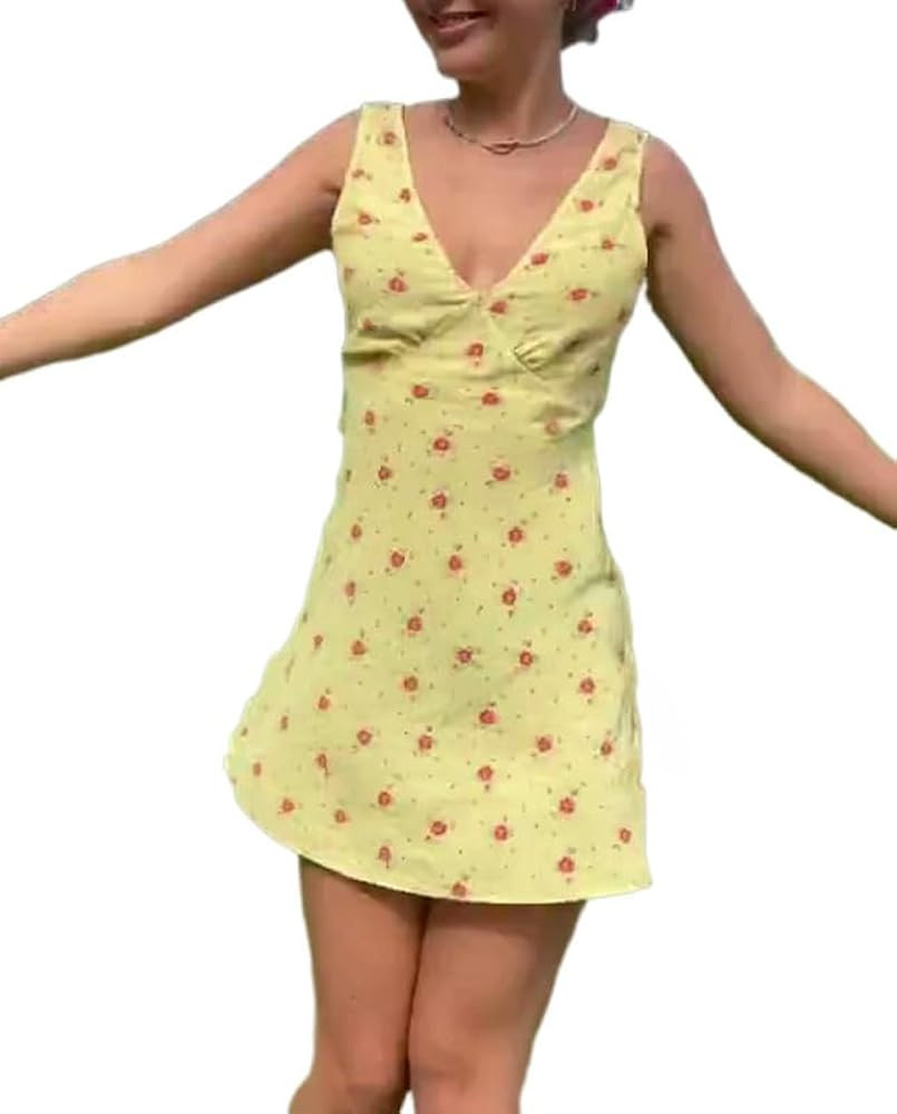 Juakoso Women Y2k Floral Print V Neck Mini Dress Open Back A-line Short Dress Beach Wear Sundress... | Amazon (US)