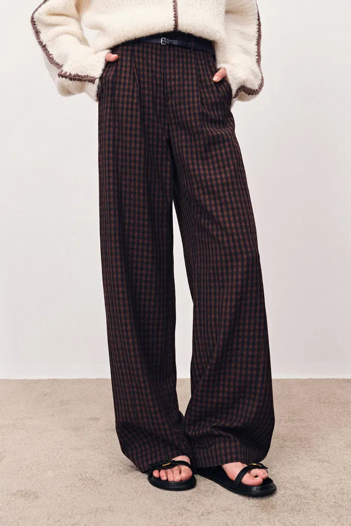 Coco Checkered Wide Leg Trousers in Merino Wool | Fabrique