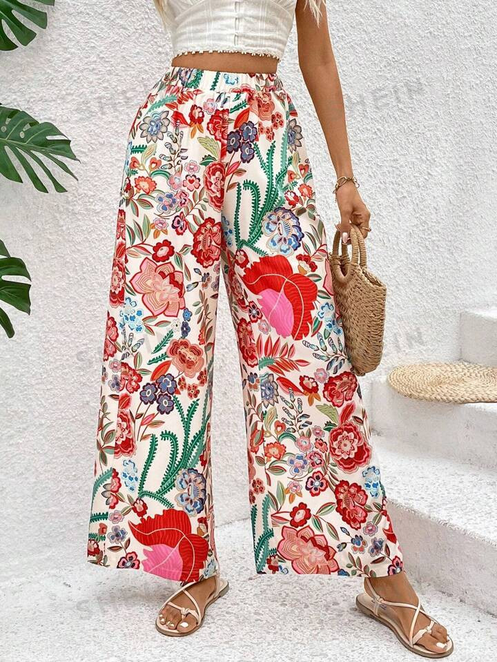 SHEIN VCAY Women's Floral Printed Wide Leg Pants For Holiday | SHEIN