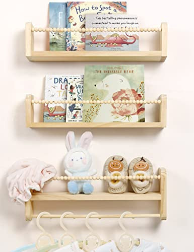 Maxpeuvon Nursery Floating Shelves for Wall, Set of 3 Book Shelves Natural Wood Wall Mounted Organizer with Towel Bar Hanging Bookshelves Nursery Decor for Kids Room, Bedroom and Kitchen | Amazon (US)