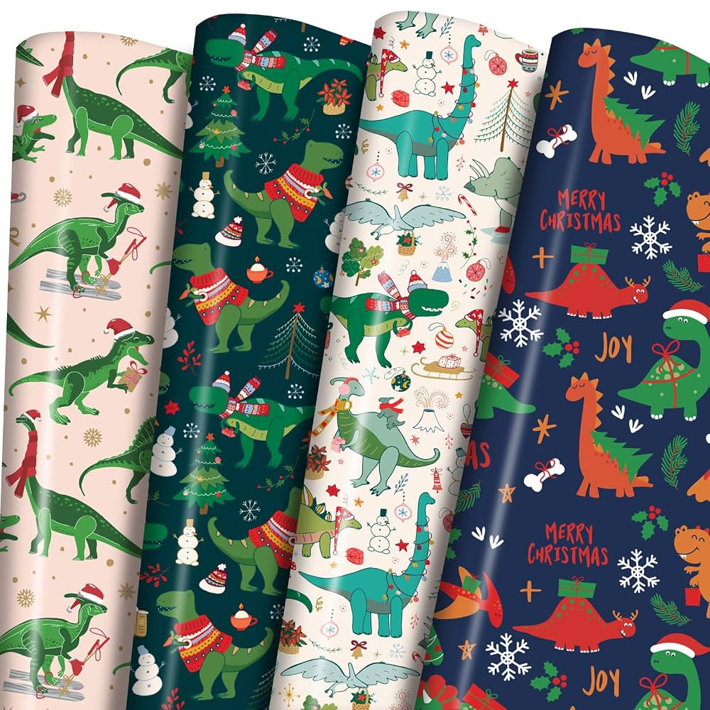 PlandRichW Dinosaurs Christmas Wrapping Paper - 6 Jumbo Xmas Sheets 28"x40" with Santa - Hat Dino... | Amazon (US)