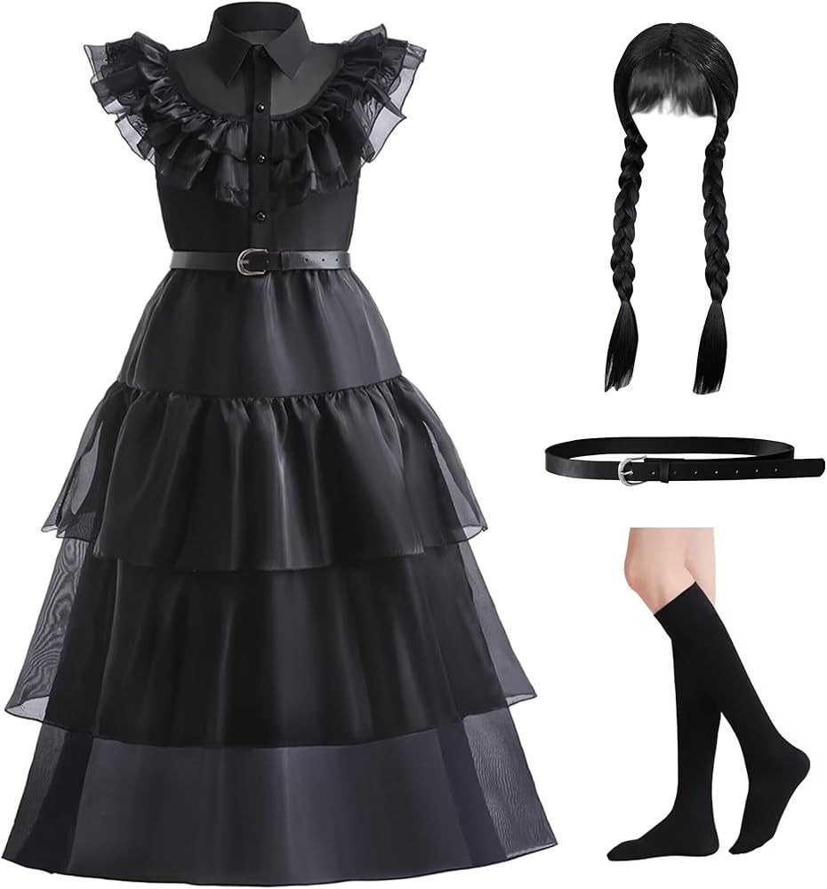 Black costume Girls dress for Kids Black Outfit Halloween Costumes Cosplay Party with belt wig so... | Amazon (US)