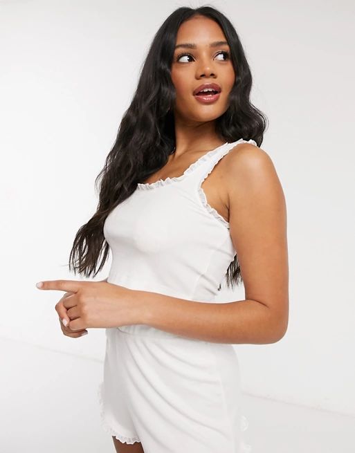 ASOS DESIGN frill edge tank & short pajama set in white | ASOS (Global)