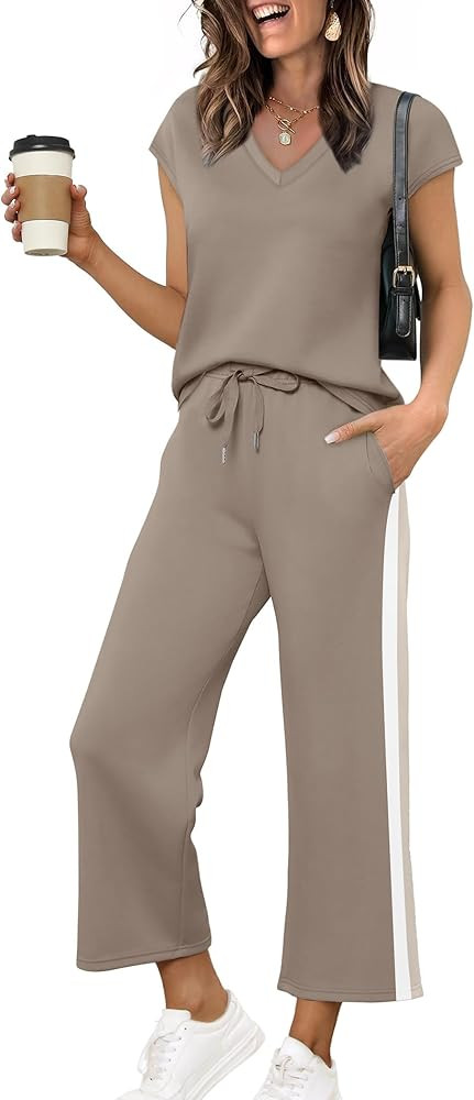 Saloogoe Two Piece Sets for Women Summer Outfits Lounge Sets V Neck Tops Wide Leg Pants Woman Vac... | Amazon (US)